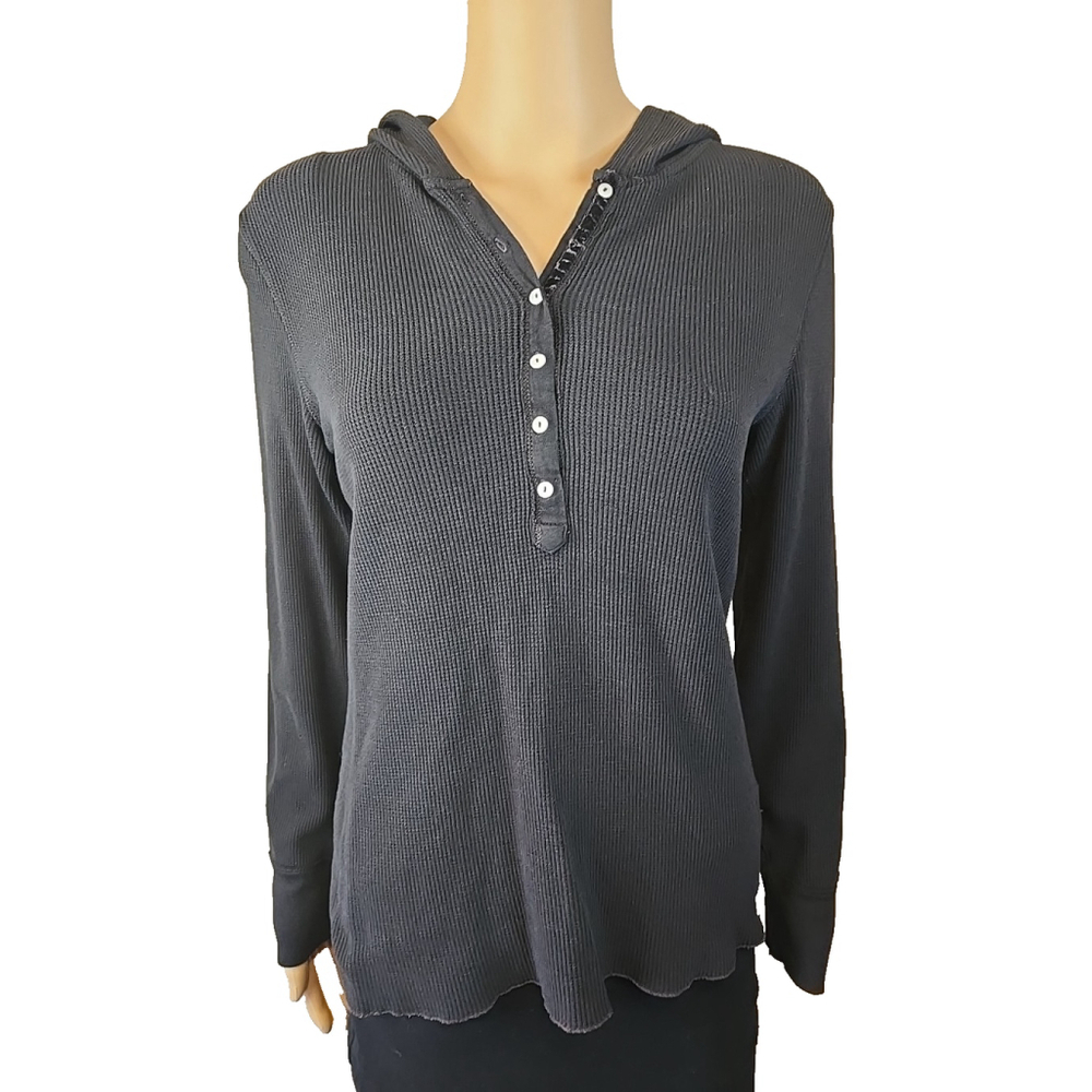 Polo Jeans Women's Black Vintage Y2K Waffle Knit Henley Hoodie Size Small